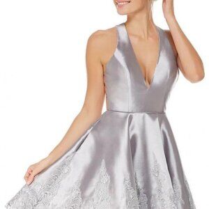 Alyce Paris Silver Halter Mikado A-line Lace Short Dress New with Tags Size 8